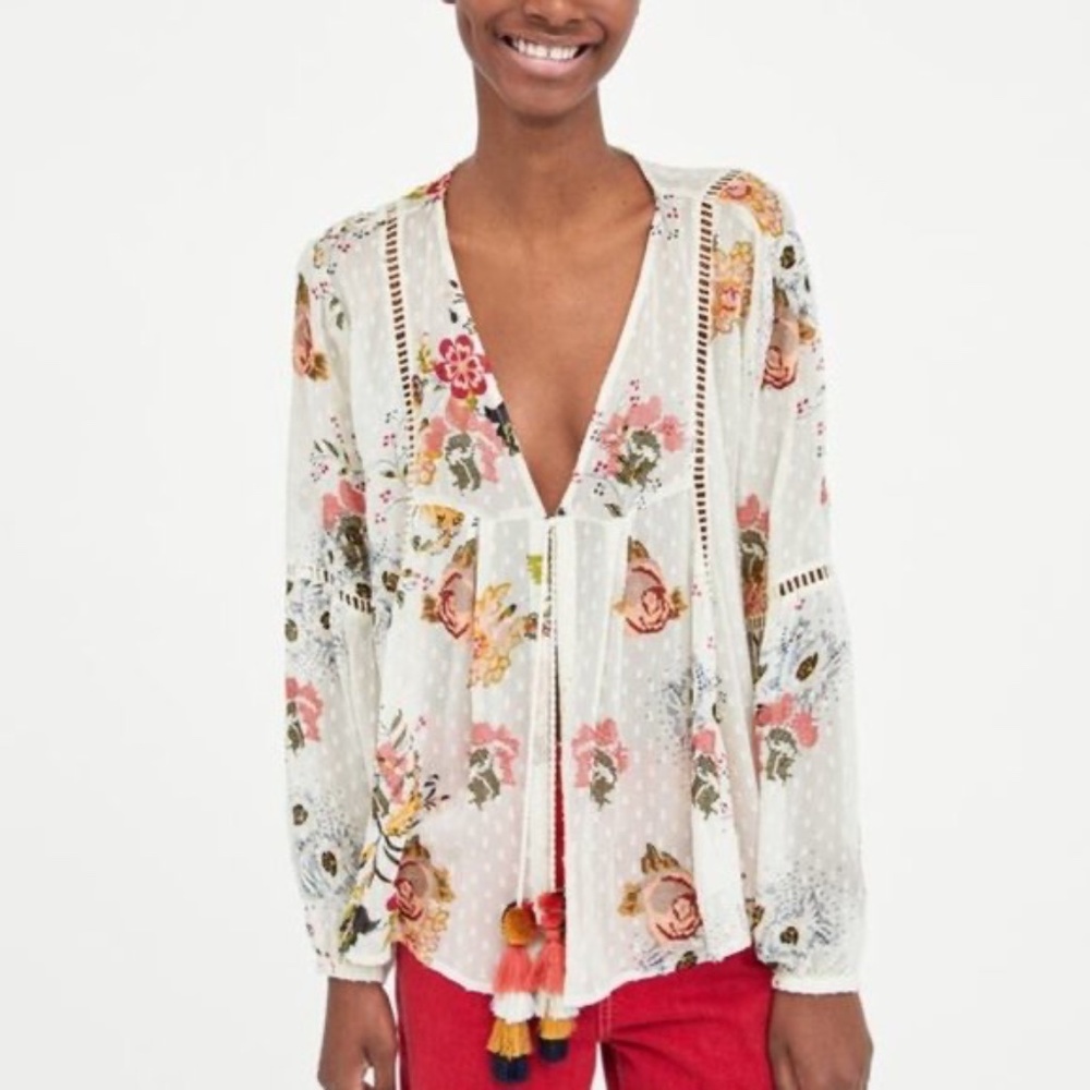 Zara Floral Embroidered Flowy Boho Pom Pom Tie Top Size S